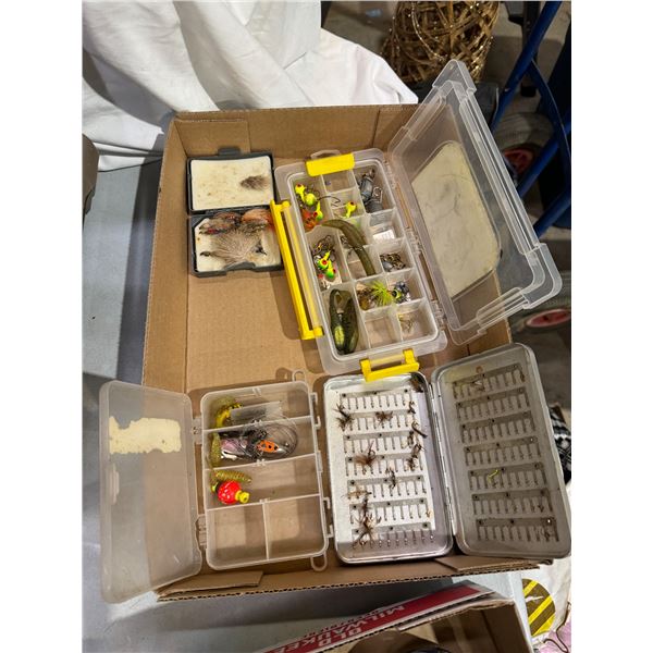 Assorted fishing hooks, flies, and Containers