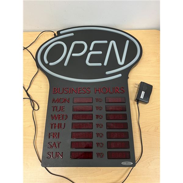 Electric Light Up Open Sign with Business Hours - Powers up - Approx: 25.5x19.5"