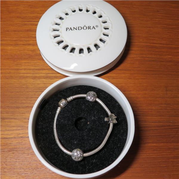 PANDORA bracelet with 3 charms in a Pandora Jewelery Box