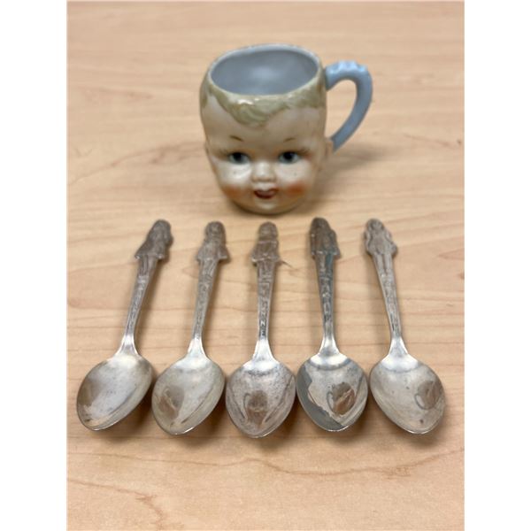Vintage Dionne Quintuplets Silver Plated Spoons & Shafford Baby Face Ceramic Mug