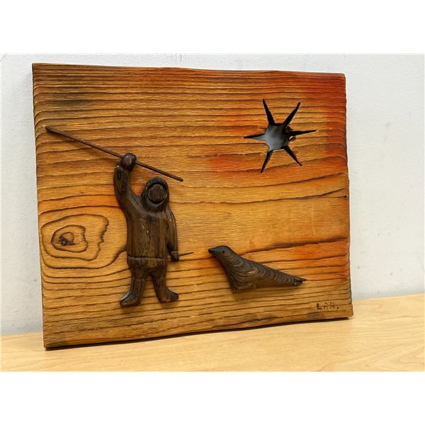 1970s Inuit 3D Wood Sculpture Art Piece - Hunting Scene - Approx: 12x10"