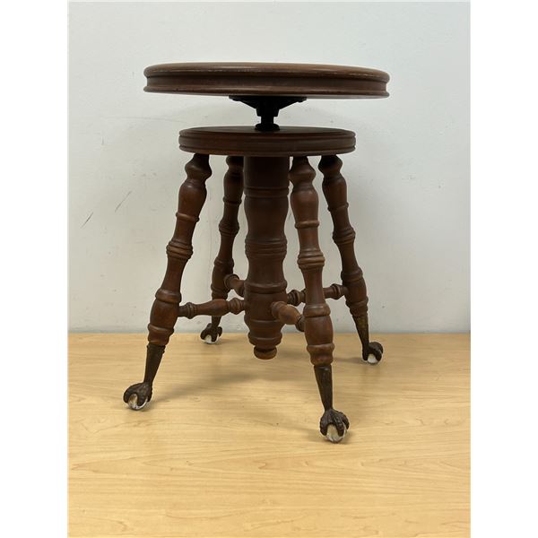 Antique Adjustable Wood Glass Ball Claw Foot Piano Stool - 14"W height 19-22"