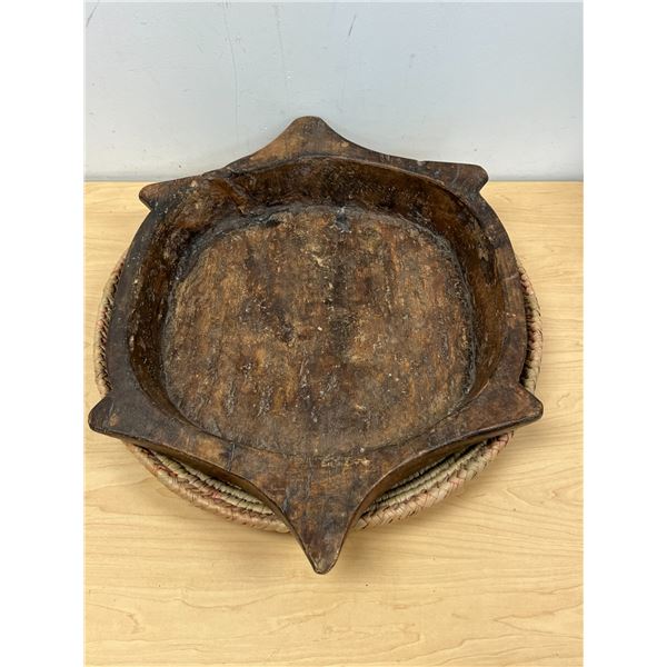 Large Unusual Carved Wooden Bowl & Wicker Flat Basket - Approx: 24.5"W 4.25"T see all photos