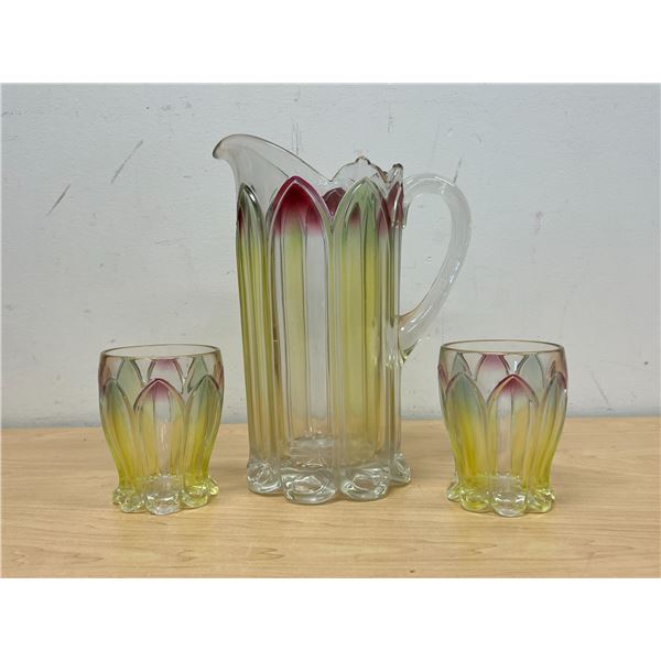 Vintage "Church Window" Glass Pitcher & 2 Glasses - nice overall