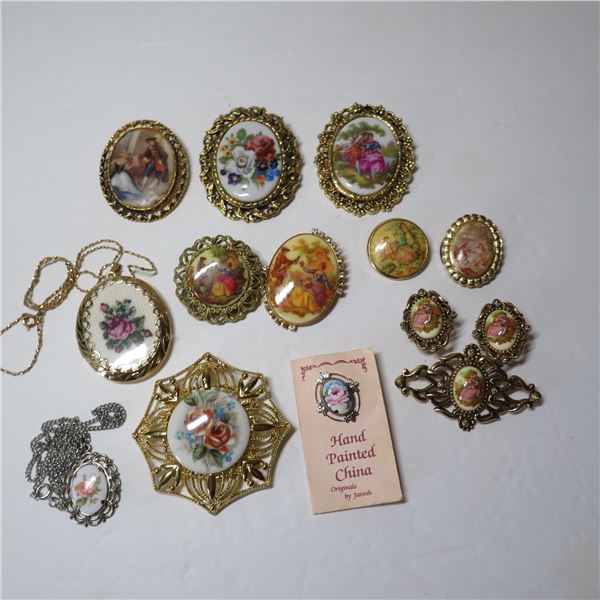 Lot of Cameo/Limoges type jewelery - see description and photos