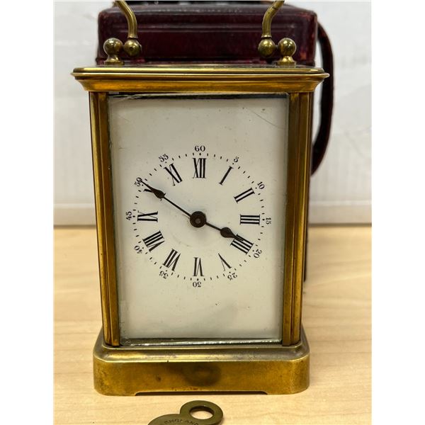 Amazing Brass & Glass Carriage Clock With Case & Key - not tested, see all photos for details