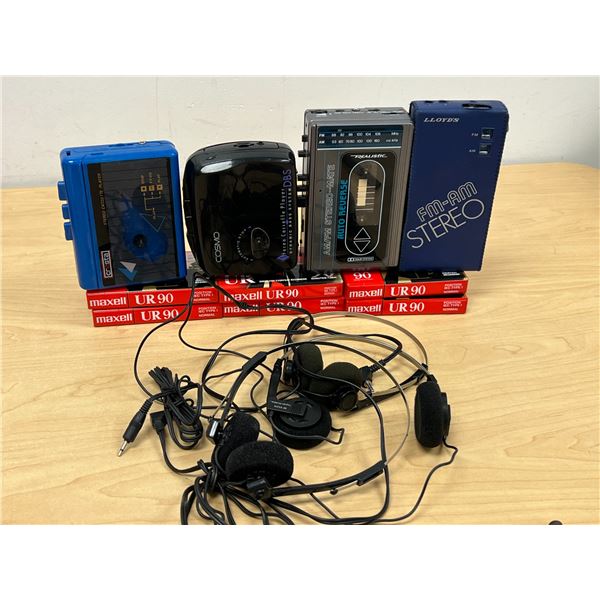 4 Vintage Portable Audio Players With Headphones & Blank Cassettes - see photos, not tested