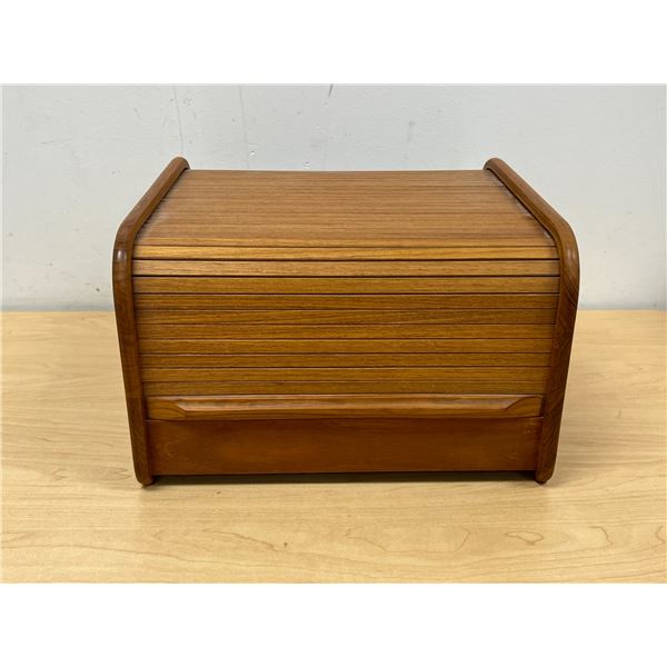 Teak Tambour Door Roll Top Desktop Organizer - Approx: 11.5x11.5" & 7.25"T