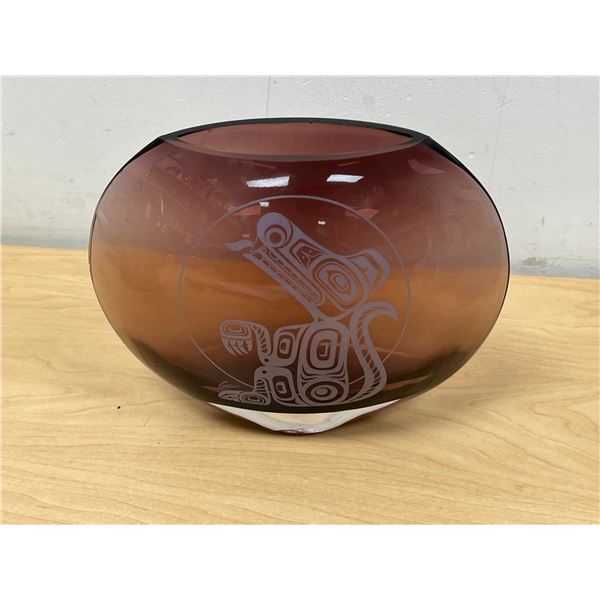 Amethyst Glass West Coast Haida Etched Motif Vase - Approx: 8"W 6.5"T