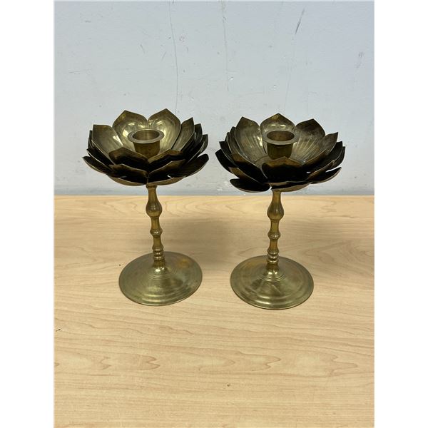 2 Brass Lotus Flower Candle Holders 7.5"T 5"W