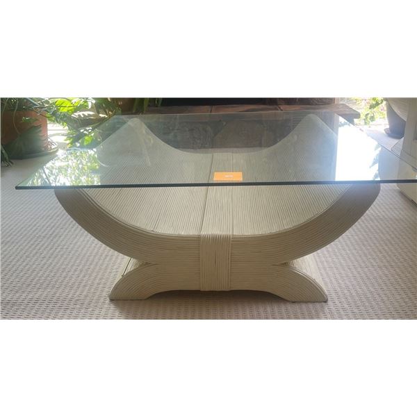 Vintage Rattan Wicker & Glass Square Coffee Table 42"x 42"x16"tall