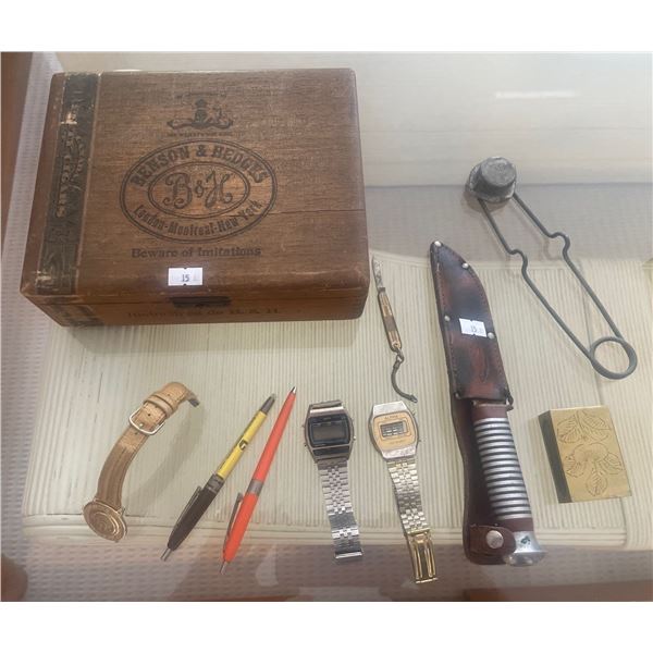 Benson & Hedges Wooden Collectible Box w/ Contents  Buffalo Skinning Knife & More