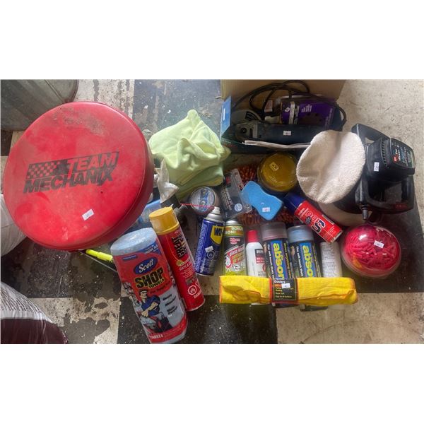 Team Mechanix Shop Stool on Wheels w/ garage & Orbital Car Waxer + Bosch 1/2" angle grinder