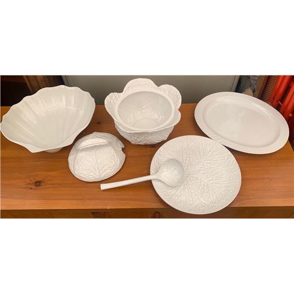 Variety of White Ceramic Serving Dishes and Ceramic Ladle