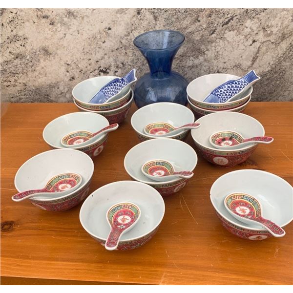 Chinese Soup Bowl Set with Spoons and Vase