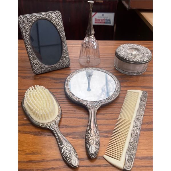 Elegance Silver Plated Brush, Comb, Mirror, Bell, Frame and Powder Dish