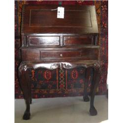 Drop front, mahogany finish desk with ball and claw feet (1)
