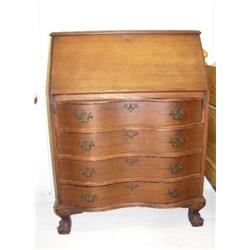 Mahogany drop front secretary desk, circa 1950, Chippendale, ball and claw foot (214)