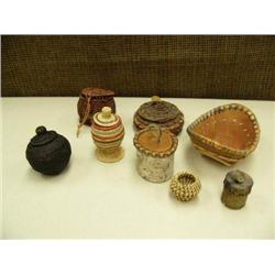 Lot of 8 baskets: Hooper bay, pine needle, 2 birch bark, black woven grass, miniature finish, miniat