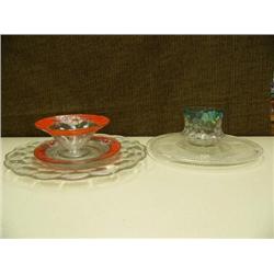 2 cake plates and Mary Gregory thumbnail vase, orange painted bowl and plate (214)