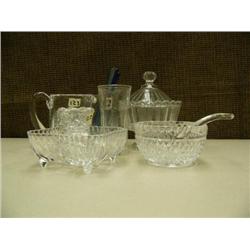 Cut glass toothpick holder, creamer and sugar bowl and three other items (214)