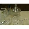 Image 2 : Cut glass toothpick holder, creamer and sugar bowl and three other items (214)