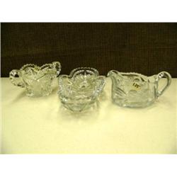 Cut glass vegetable dish, sugar bowl and creamer (214)
