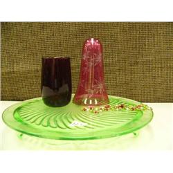 Ruby red glass, green depression glass cake plate, cranberry glass vase (214)