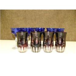 Set of 4 cut to clear red glass and set of 9 cobalt blue and clear stemware with etched design (214)