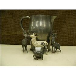 Elk napkin ring, 3 metal stags - 2 damaged, and pewter water jug (214)