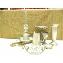 Eagle pewter candle stick, pewter vase, pewter bonbon dish, pewter kerosene lamp, pewter tankard, br