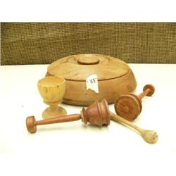 Antique covered wood bowl, 3 wood honey servers, and wood egg dish (214)