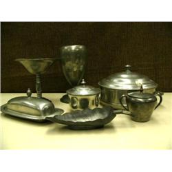 Pewter vase, pewter bon  dish, pewter serving dish with glass insert, pewter butter dish, 2 pewter c