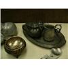 Image 2 : Miniature pewter tea set, miniature pewter water jug, 3 candle snuffers, pewter manger, silver tea s