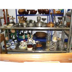 Lot of blue and white dishes, butter dish, teapots, crock pot, 2 brass lamps, assorted glass vases, 