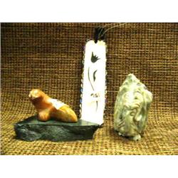 Lot of 3: soapstone musk ox, leather bookmark, soapstone seal (2)