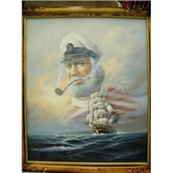 Original oil by K. Matyn on canvas of double masted sailing ship and captain in background (700)