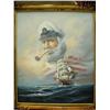Image 1 : Original oil by K. Matyn on canvas of double masted sailing ship and captain in background (700)