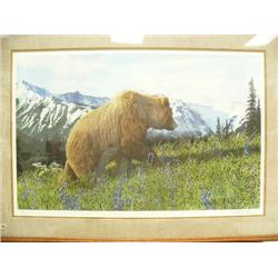 Framed and double matted, signed and numbered print by Charles Gause, 92/300 of grizzly bear in fiel