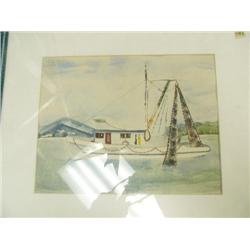 Framed and matted water color of fishing boat (2)