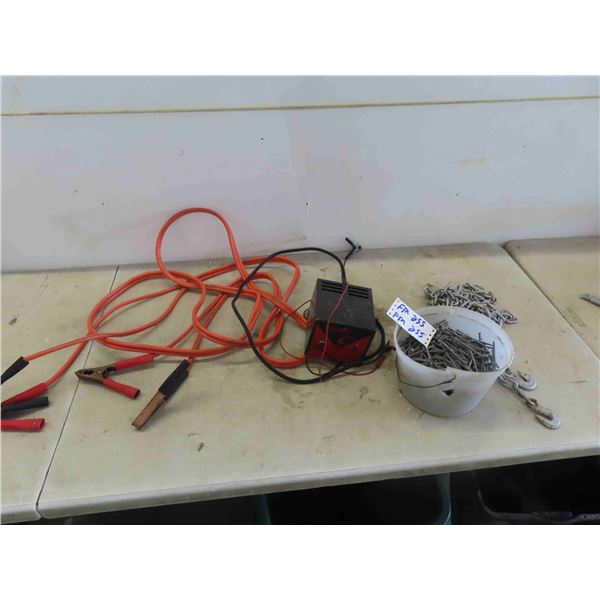 Booster Cables, Battery Charger, Chain with 2 Hooks, 1 Gallon of 3'' Nails
