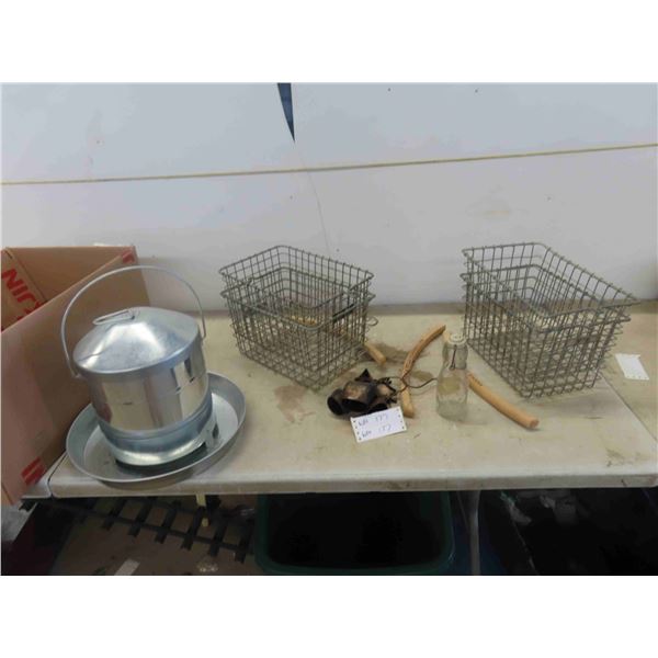4 Wire Baskets with Numbers, Chicken Feeder, Old Hangers, Bells 