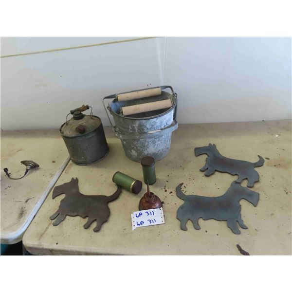 Mop Pail with Wringer, Gas Can, Oil Squirt Can, 3 Metal Cut Out Scotty Dogs