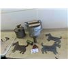 Image 1 : Mop Pail with Wringer, Gas Can, Oil Squirt Can, 3 Metal Cut Out Scotty Dogs
