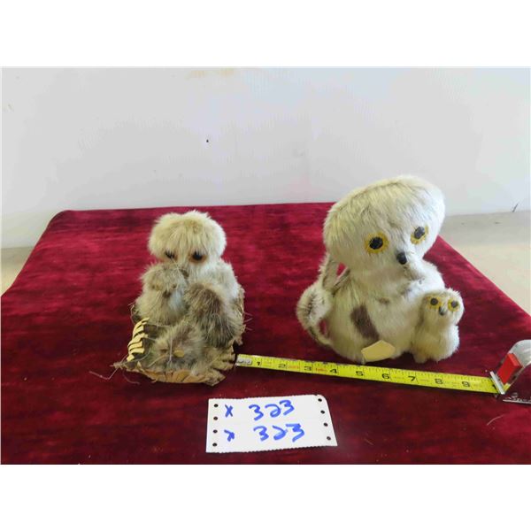 2 Hand Crafted Inuit Owl Family Made from Seal Hide 
