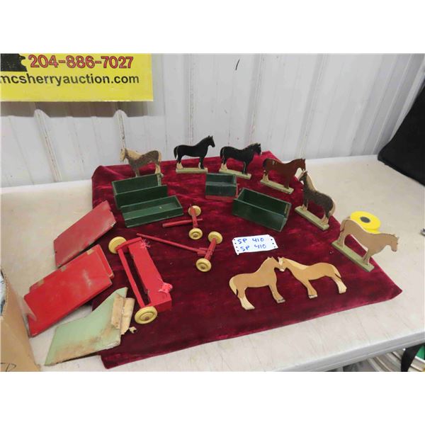 Folk Art Wood Farm Toys , Horses, and Implements 