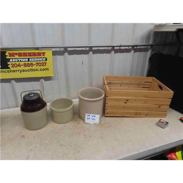 Pickle Crock , 1/2 Gal Butter Crock , 1 Gal Crock (Has Chip) , Wood Crate 