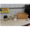 Image 1 : Pickle Crock , 1/2 Gal Butter Crock , 1 Gal Crock (Has Chip) , Wood Crate 