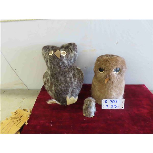 3 Inuit Hand Crafted Owl and Northern Birds Made from  Caribou / Seal Hide