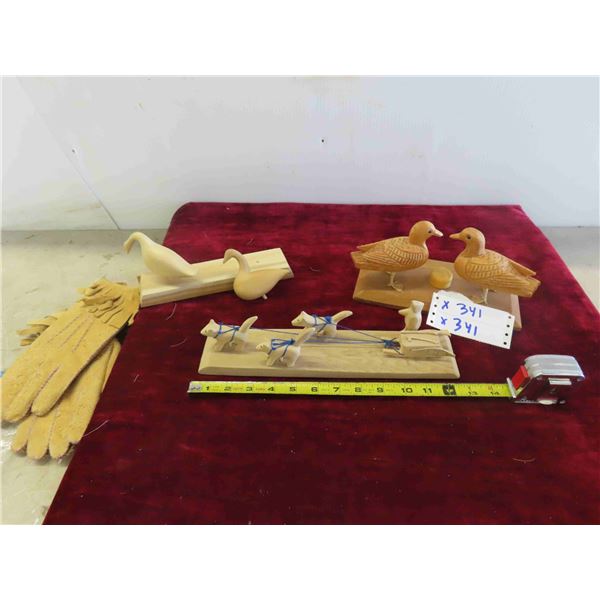 3 Wood Carved Displays of Dog Sleigh and Birds 